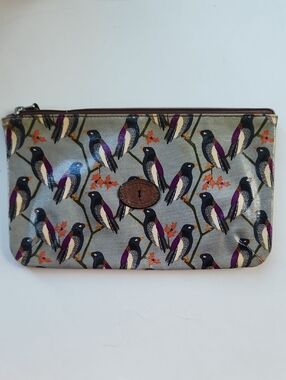 Fossil Key Per Bird-Print Zip Pouch in Gray with Purple Accents